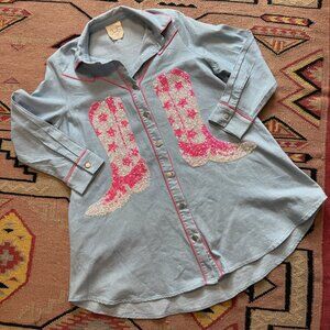 Fantastic Fawn Light Blue Shirt Dress with Pink Sequin Cowboy Boots